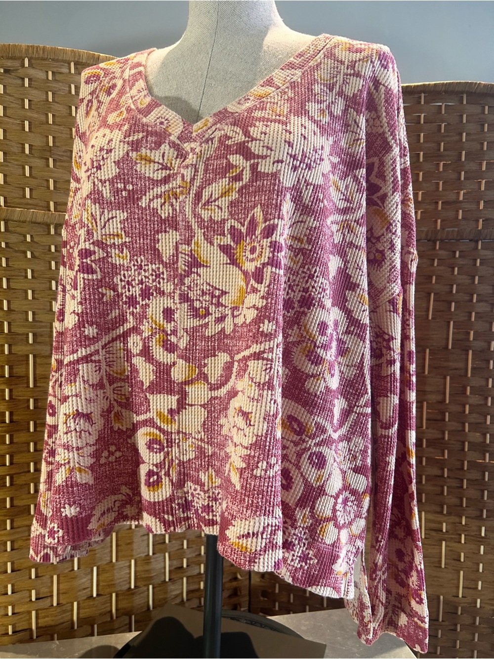Pilcro Waffle-Knit Top in Cream and Soft Pink